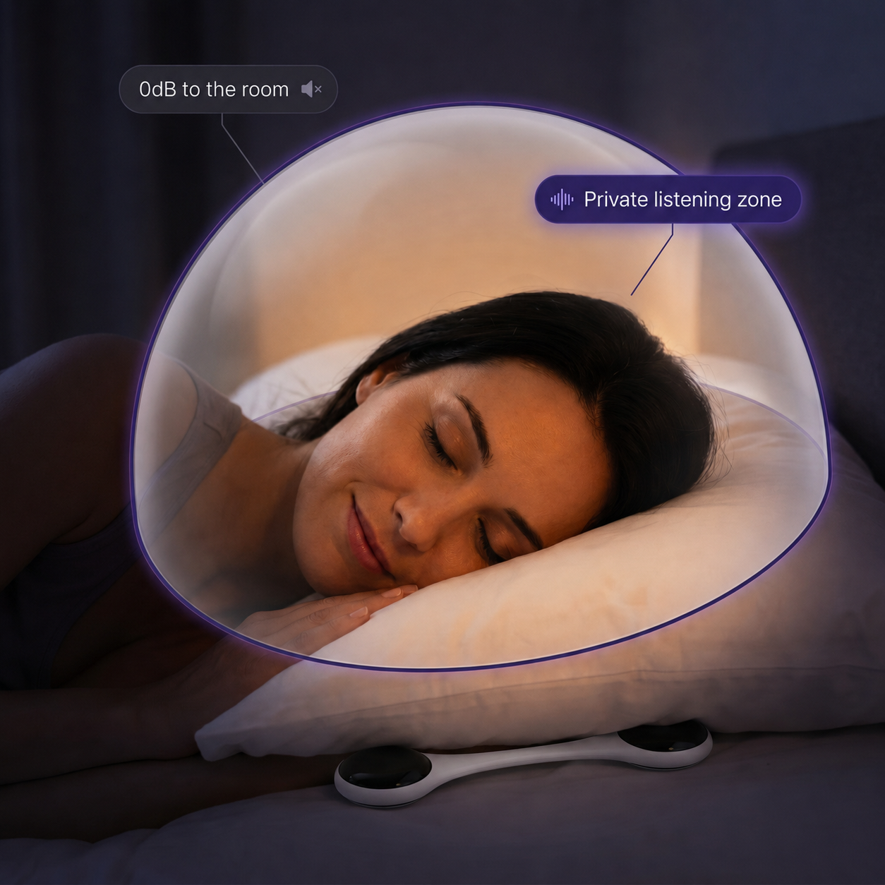 Hand holding the slim Whisper under pillow bone conduction Bluetooth speaker on a white background