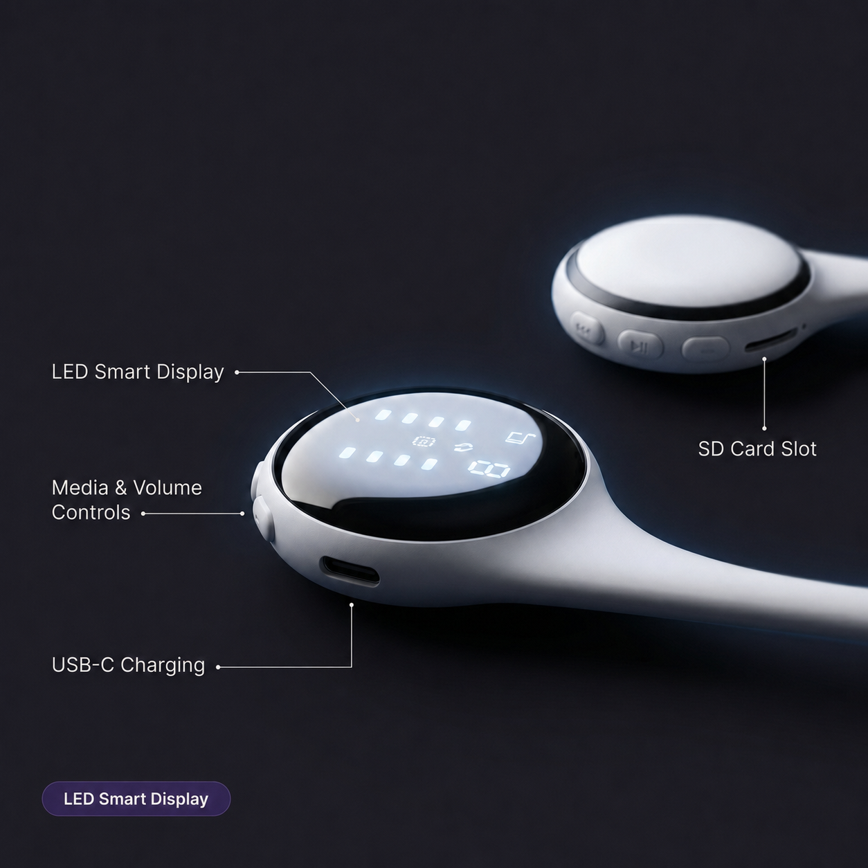 Whisper under-pillow bone-conduction sleep speaker on a smooth bedsheet, showing buttons and control options