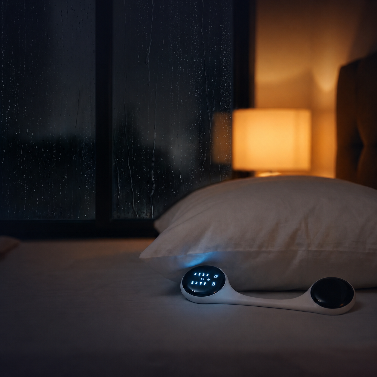 Whisper under-pillow bone-conduction sleep speaker floating in a dreamy night-sky ring of app icons and sound symbols, showing built-in sleep sounds, a microSD card inserted and Bluetooth streaming options