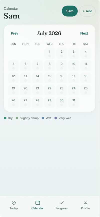 DryWell companion app calendar screen (iOS & Android)